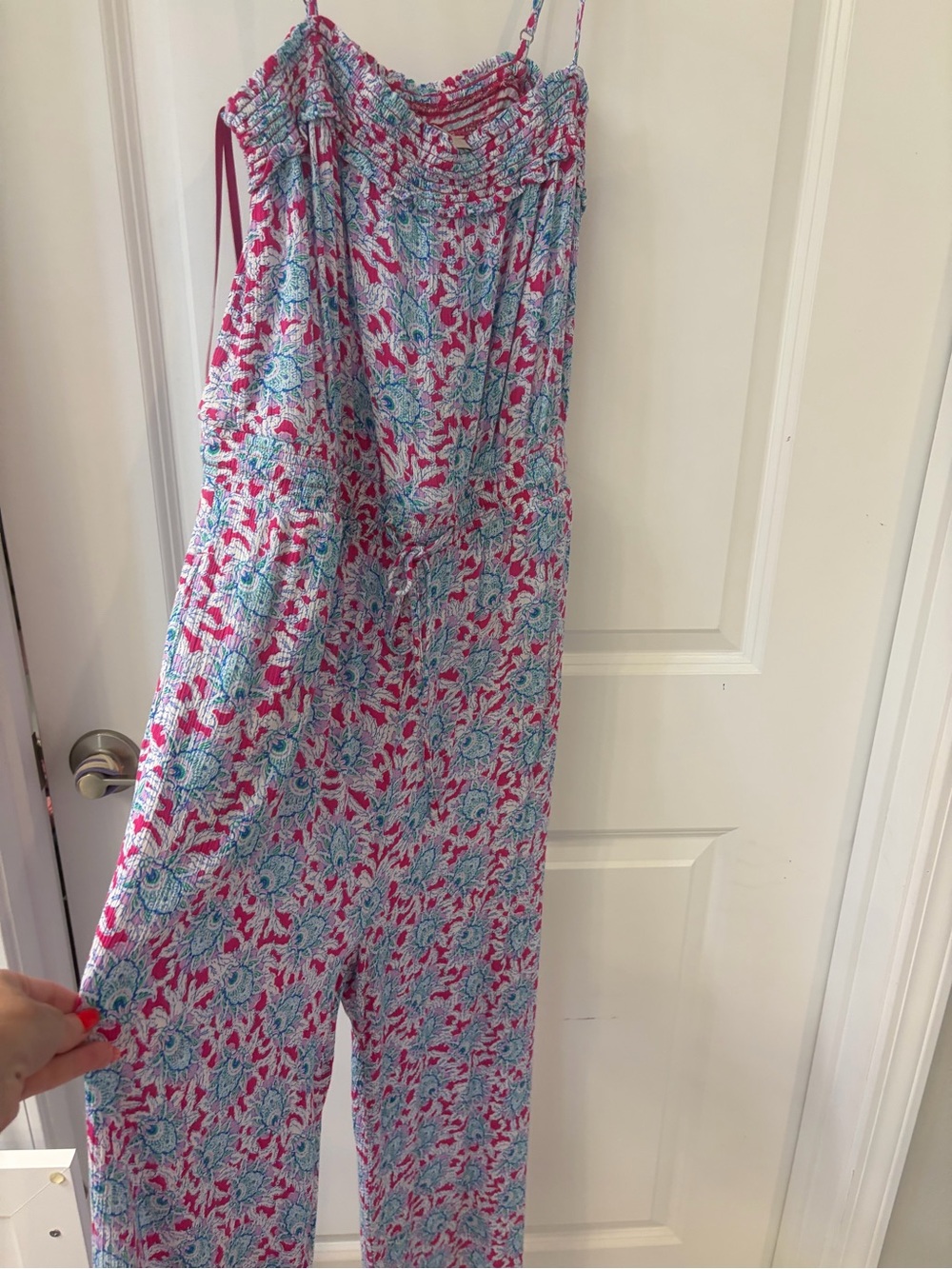 LOFT Floral Smocked Strap Jumpsuit - Pink & Blue